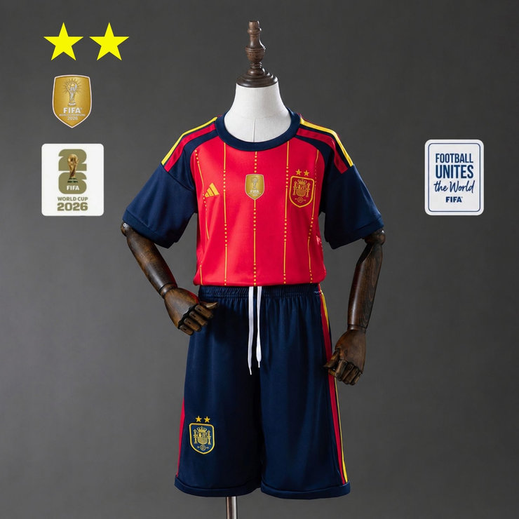 Spania VM 2026 Hjemmedrakt Barn Fotballdraktsett Mesterutgave To Stjerner med VM-Patch