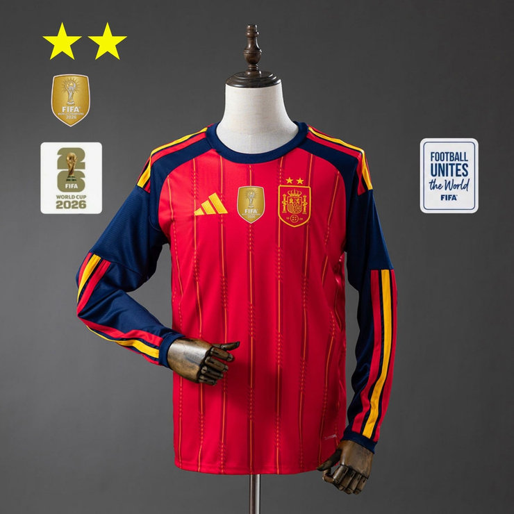 Spania VM 2026 Hjemmedrakt Herre Langermet Fotballdrakt Mesterutgave To Stjerner med VM-Patch